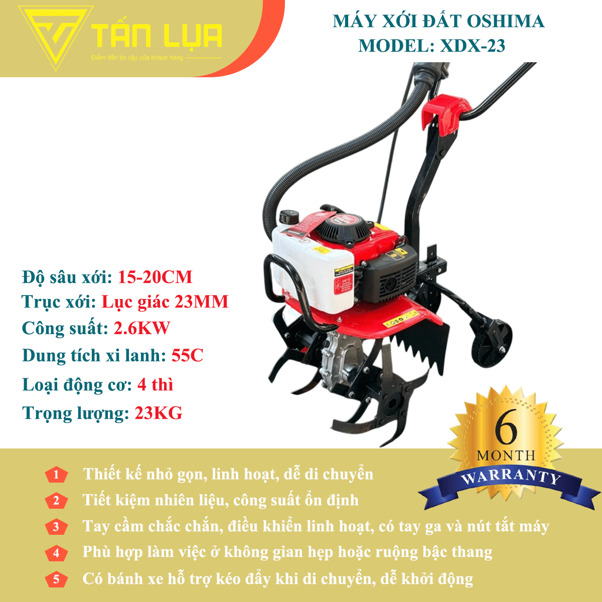 MÁY XỚI ĐẤT OSHIMA XDX-23 – 55CC, ĐỘNG CƠ 4 THÌ, XỚI KHỎE – TIẾT KIỆM NHIÊN LIỆU - Góc nhìn 6