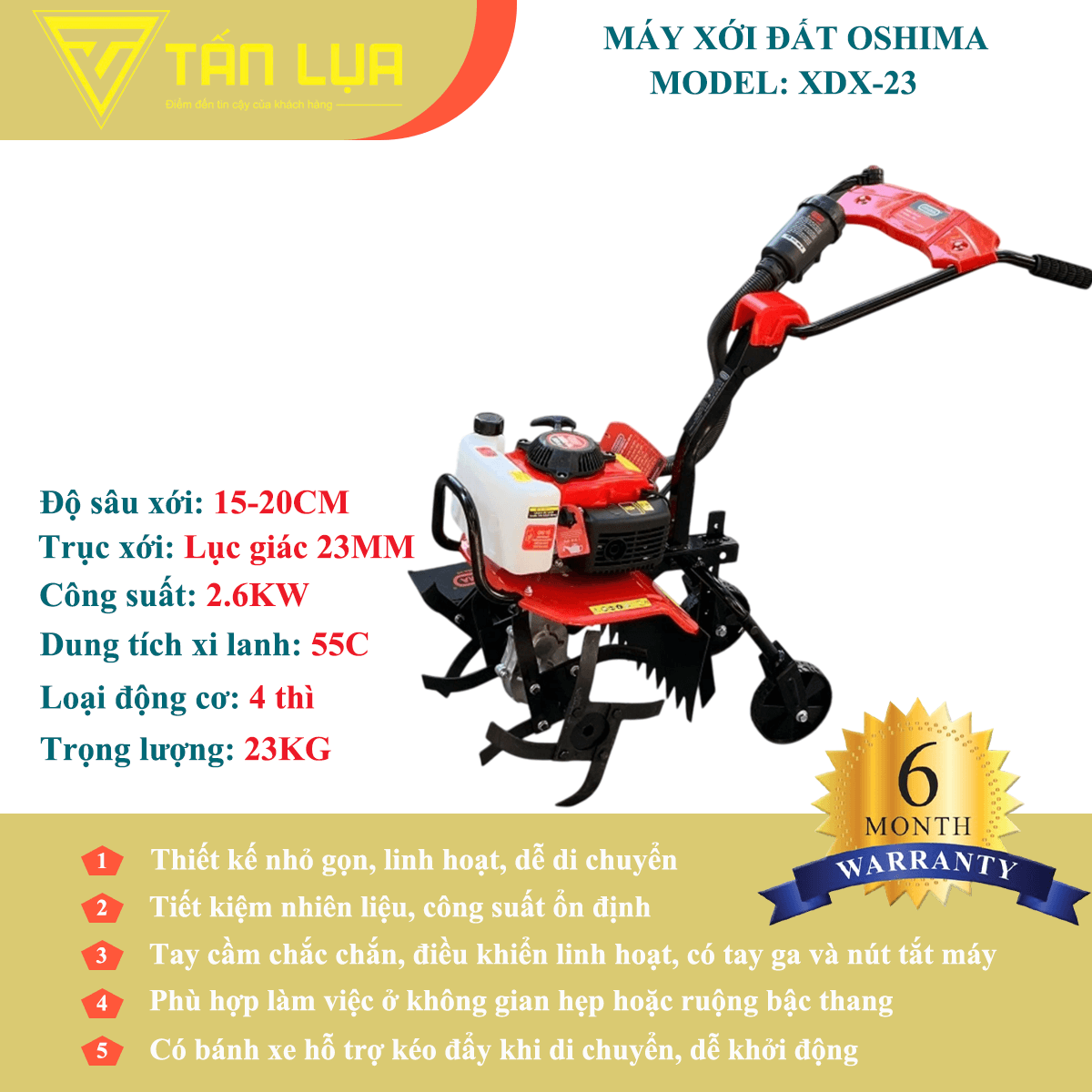 MÁY XỚI ĐẤT OSHIMA XDX-23 – 55CC, ĐỘNG CƠ 4 THÌ, XỚI KHỎE – TIẾT KIỆM NHIÊN LIỆU chính hãng tại TAN LUA