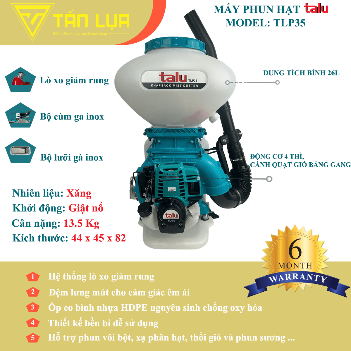 Máy phun xạ hạt Talu TLP35 chính hãng dung tích 26L 4 thì chính hãng tại TAN LUA